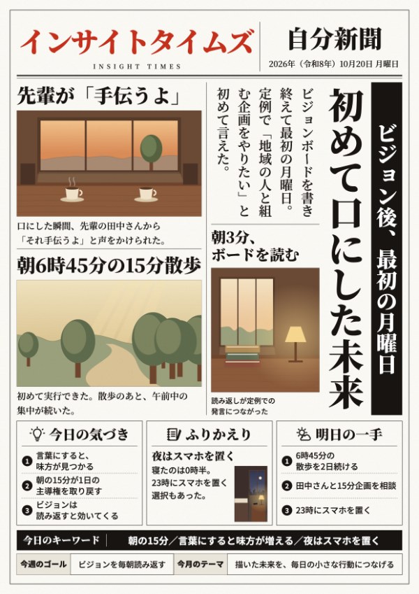 できあがりの見本（架空の人のレポートから作った紙面）